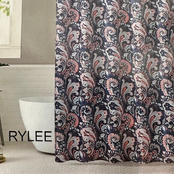 RYLEE Navy Shower Curtain With Hooks Size 70 x 72 in - Picture 1 of 7